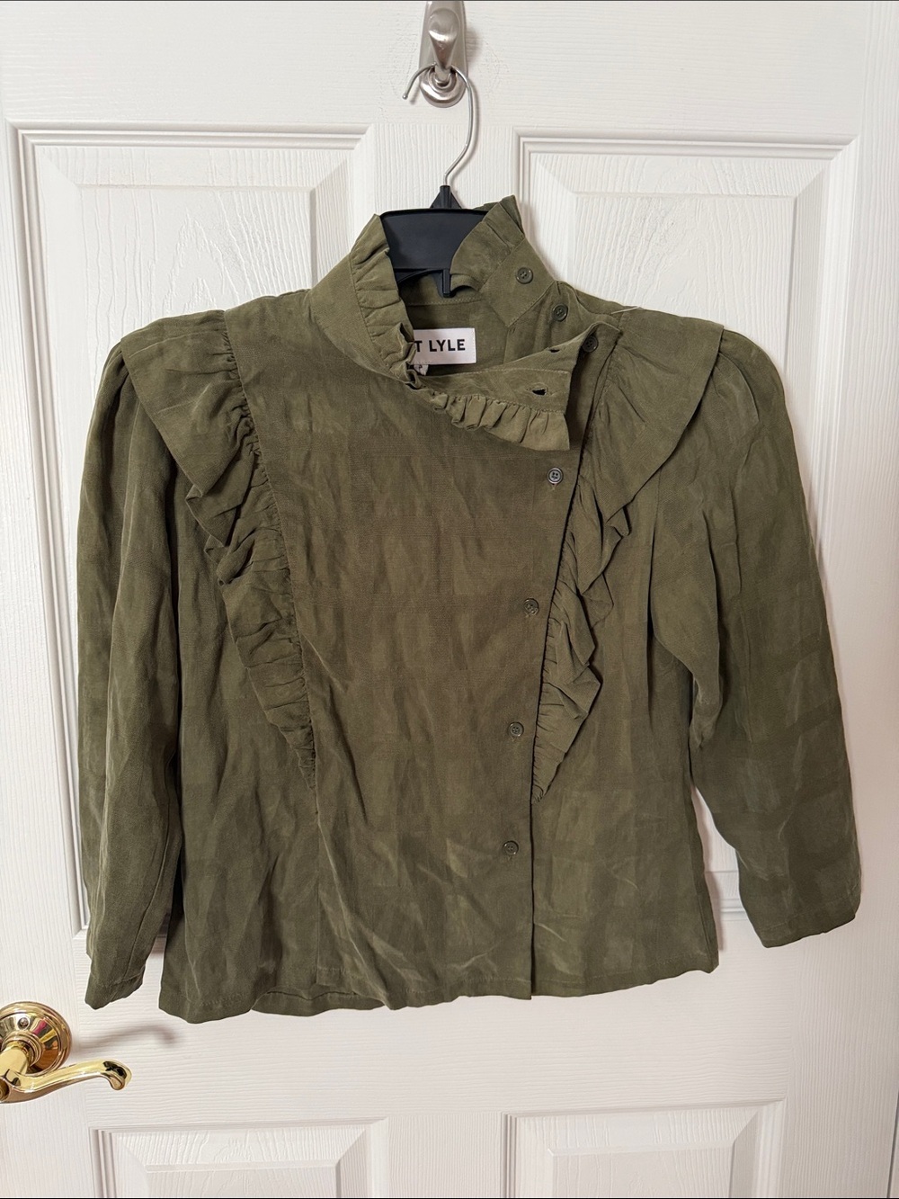 Kurt Lyle Olive Green Ruffled Button tencel Roma blouse small